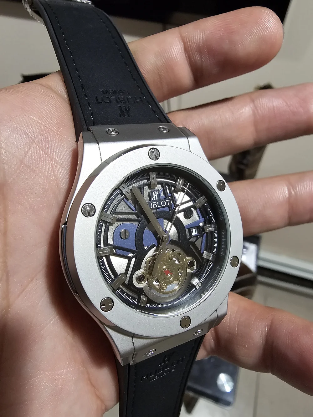 Men's Skeleton Dial Blue Leather Strap Watch